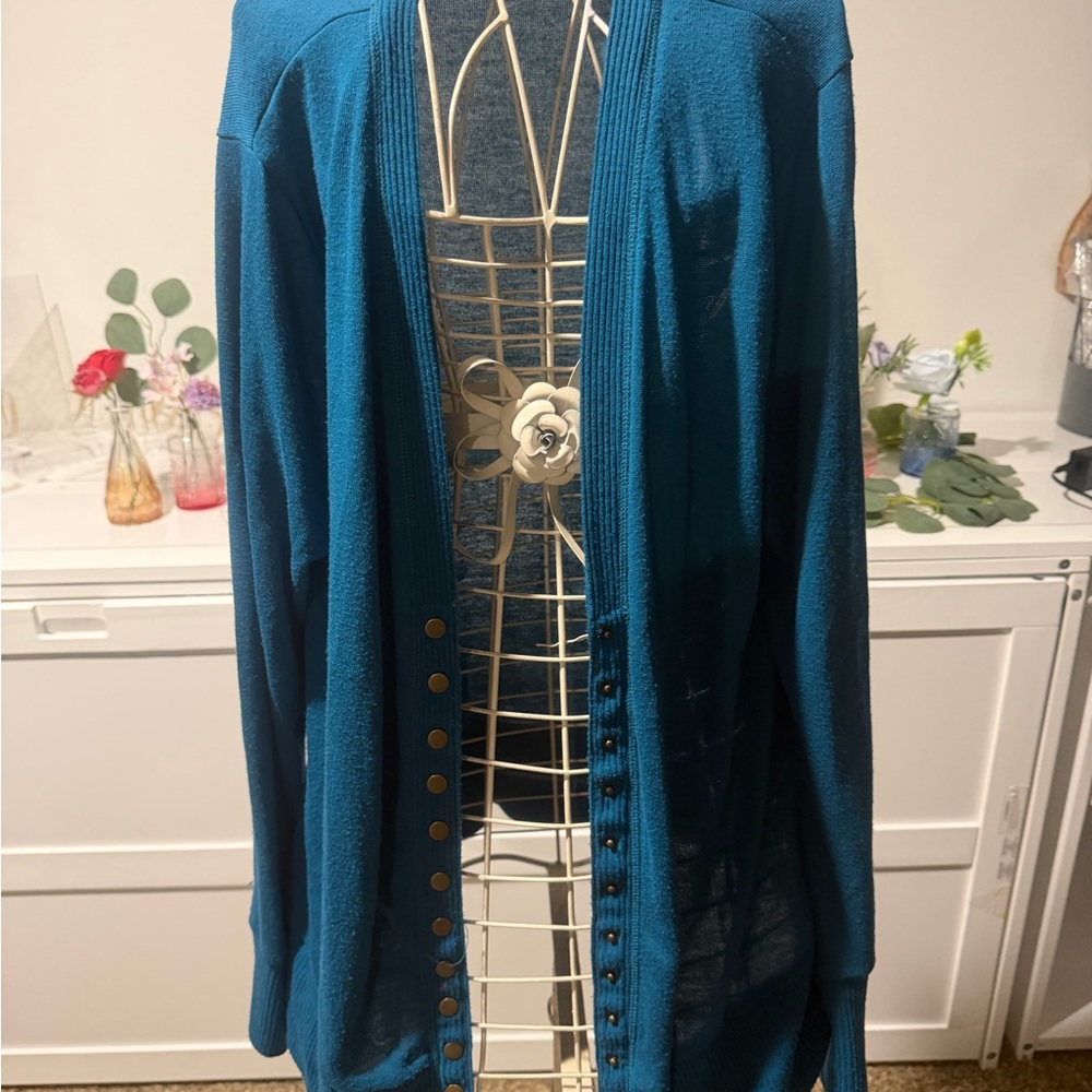 Women's Open-Front Teal Button-Trim Cardigan